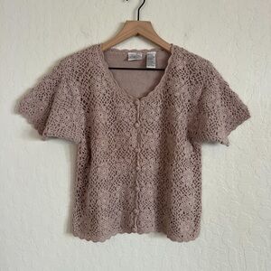Vintage 90s Jaclyn Smith Short Sleeve Floral Crochet Knit Cardigan Medium Brown